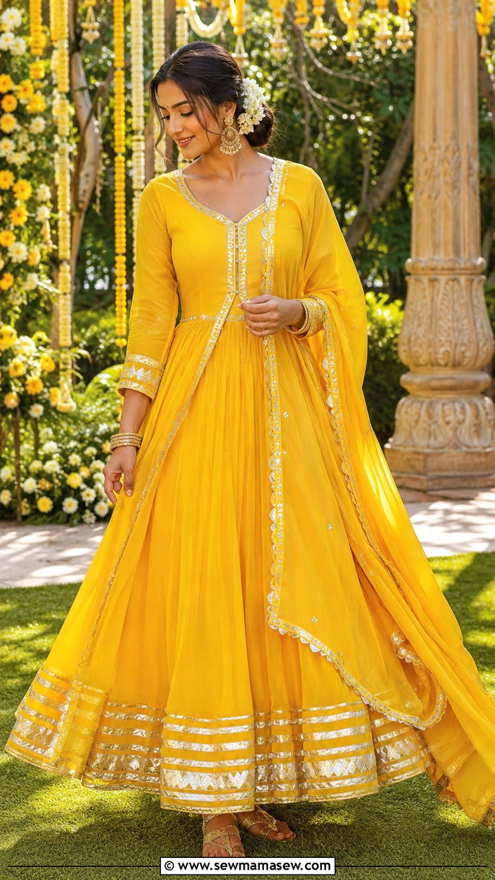 Yellow Anarkali Suit with Gota Patti - 25 Wedding guest outfit ideas Mehndi ceremony