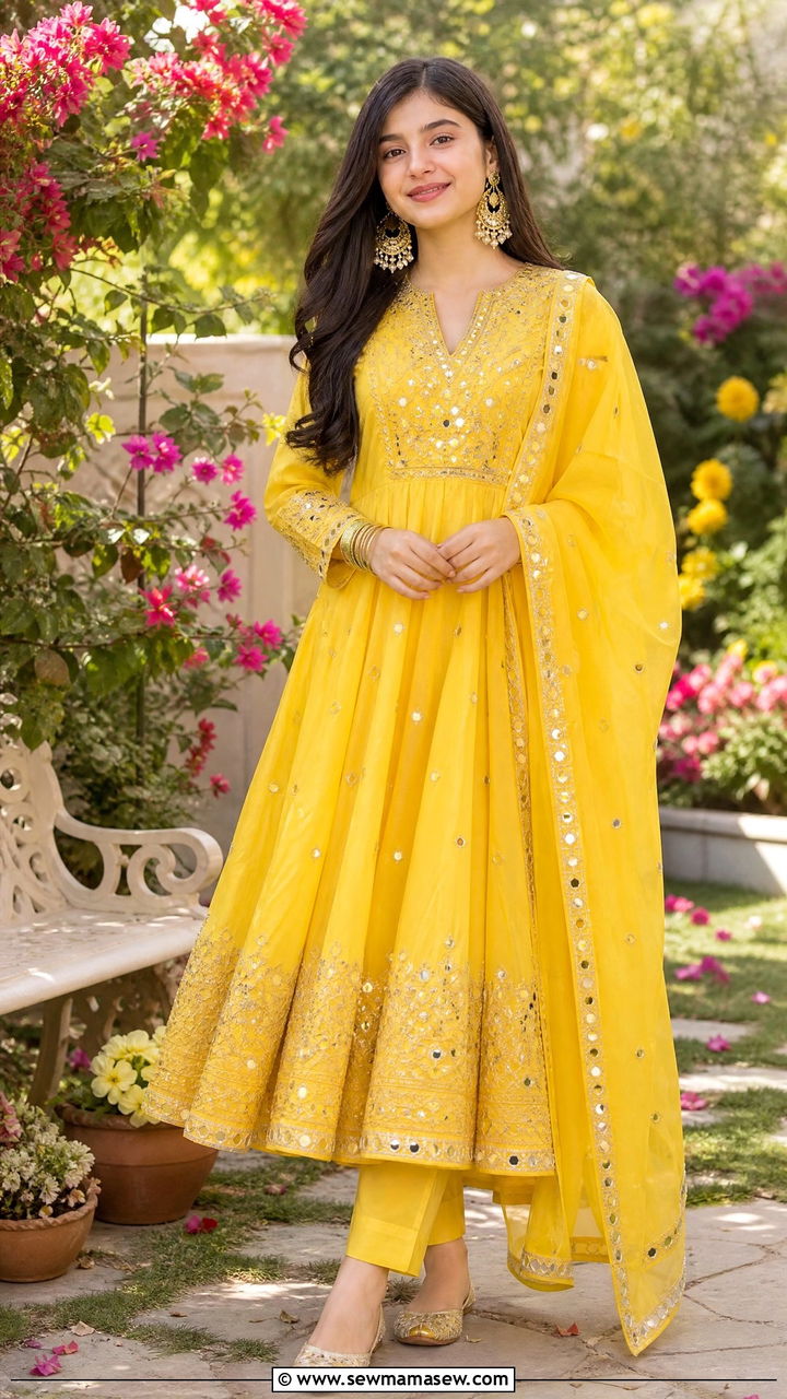 Yellow Anarkali with Straight Pants - 30 Eid outfit ideas for teens