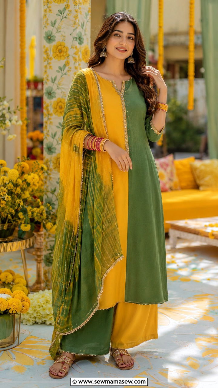 Yellow And Green Color Blocked Kurta Set - 30 Mehndi outfit ideas