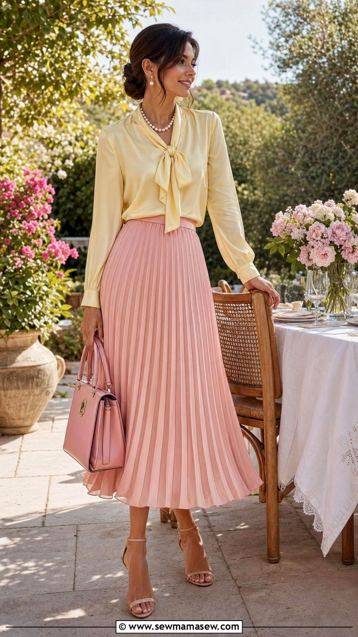 Yellow Blouse with Pink Pleated Skirt - 30 Yellow and pink outfit ideas