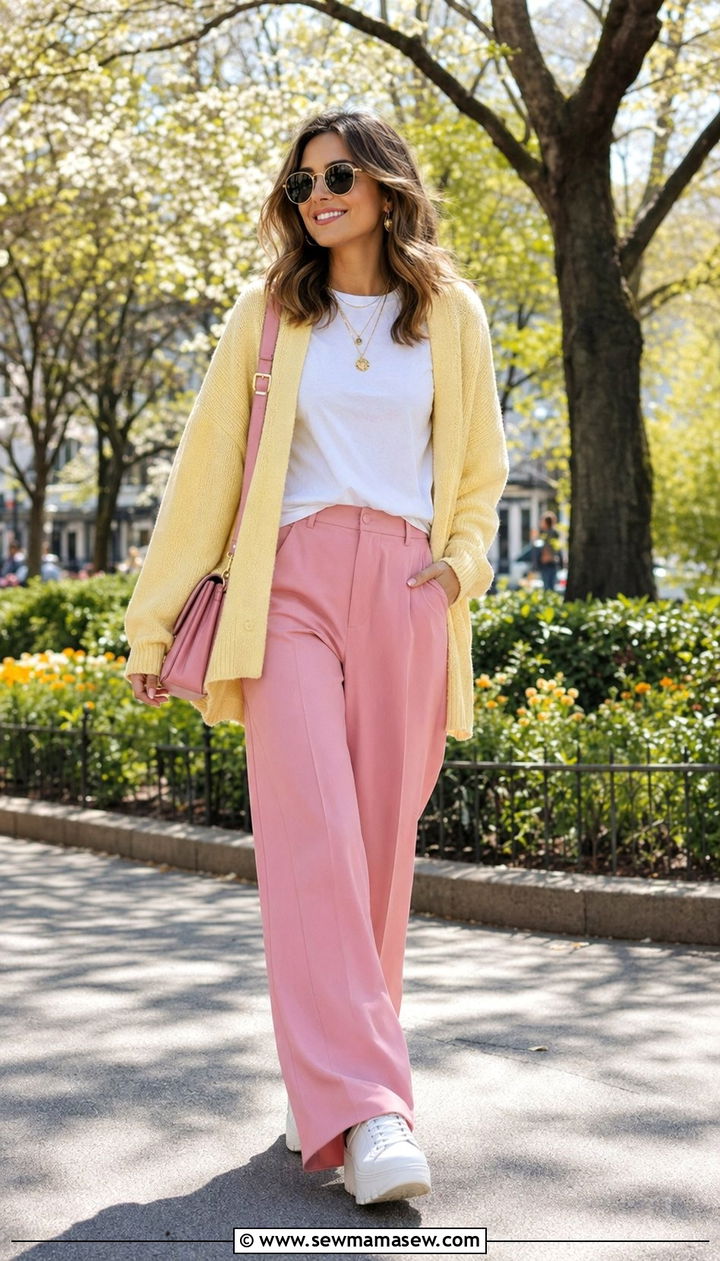 Yellow Cardigan with Pink Trousers - 30 Yellow and pink outfit ideas