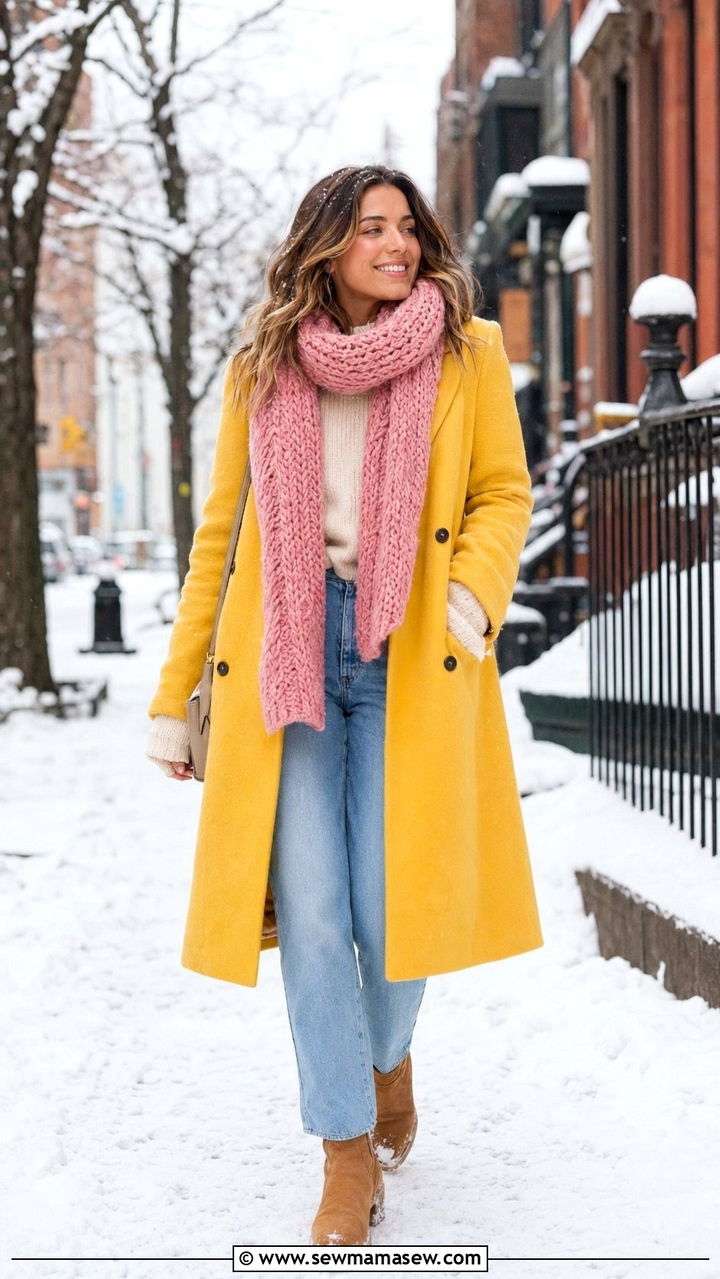 Yellow Coat and Pink Scarf Winter Look - 30 Yellow and pink outfit ideas