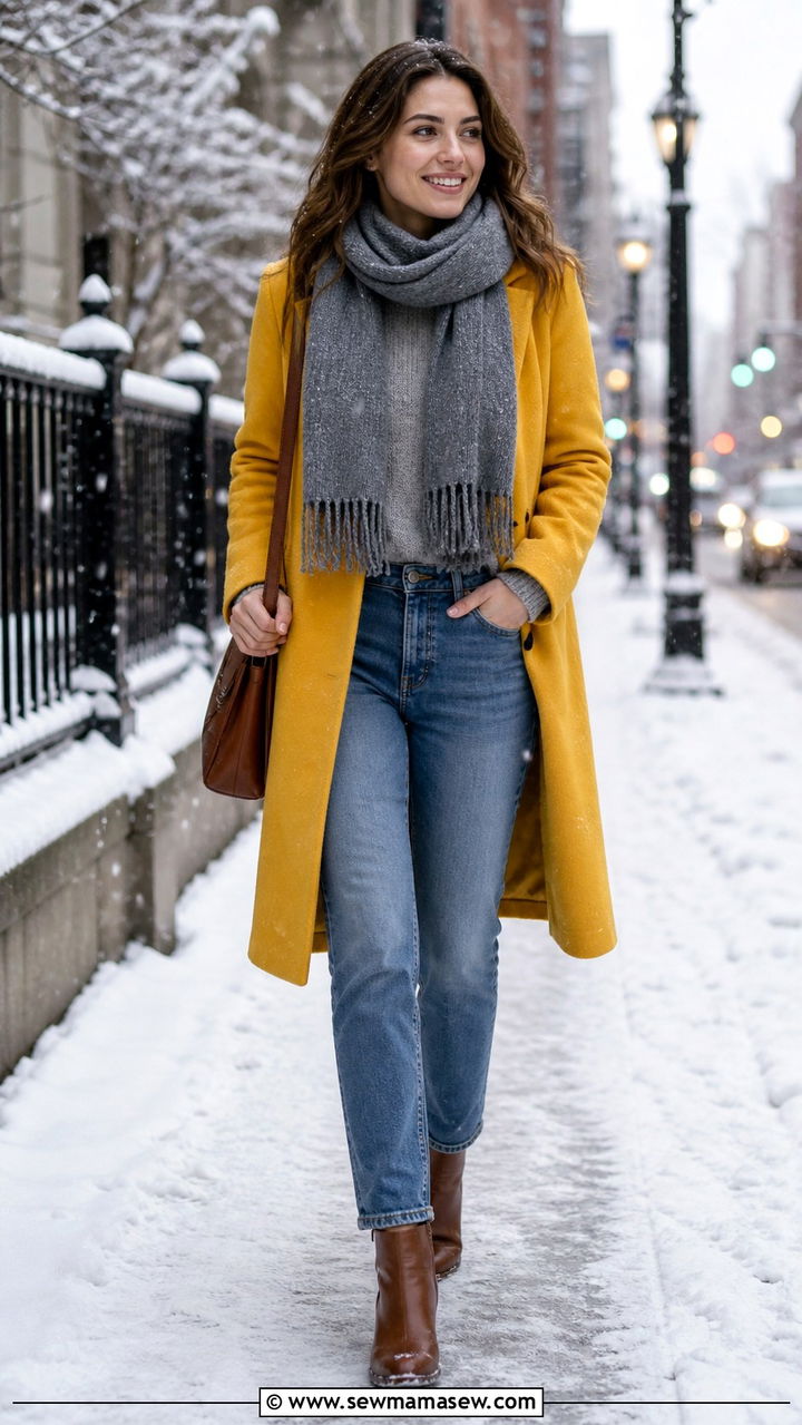 Yellow Coat with Grey Sweater and Jeans - 40 Yellow outfit ideas