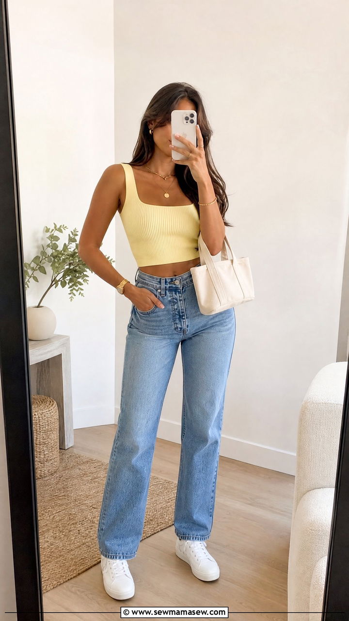 Yellow Crop Top with Jeans Summer Outfit - 30 Summer yellow outfit ideas