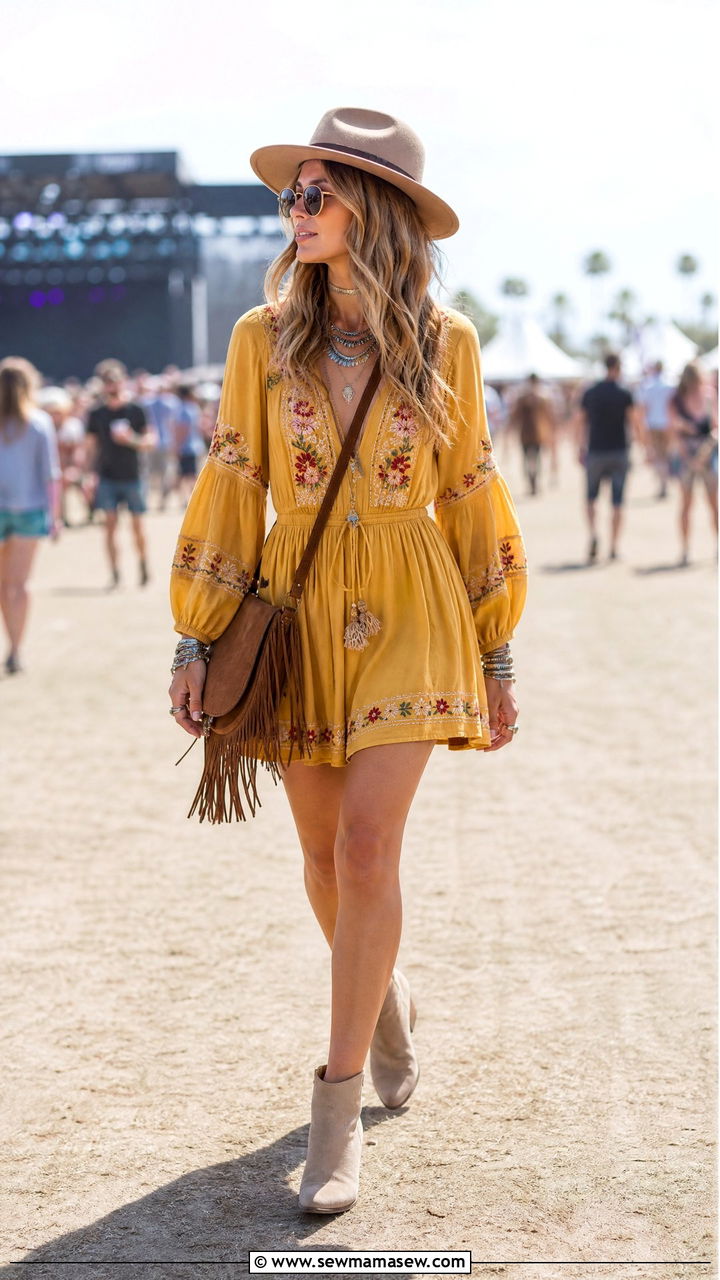 Yellow Embroidered Dress with Ankle Boots and Fringed Bag - 25 Yellow dress outfit ideas summer 2026