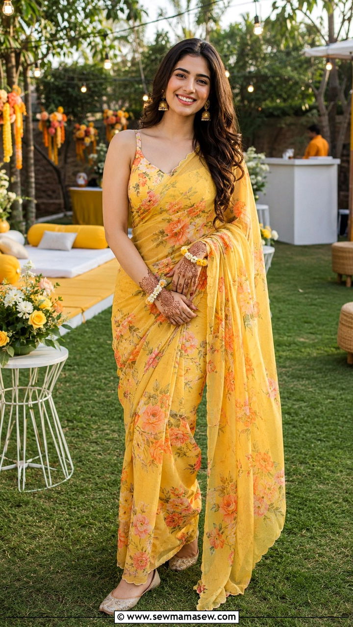 Yellow Floral Saree Outfit - 25 Mehndi outfit ideas 2026