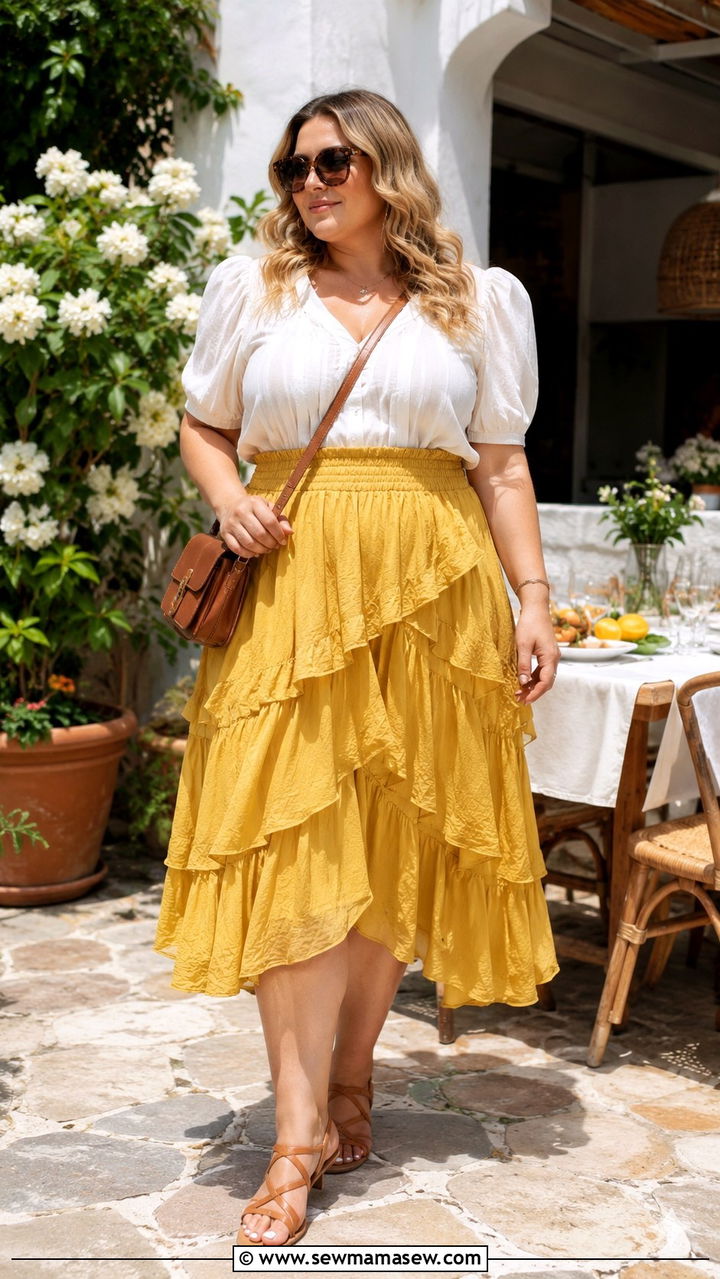 Yellow Frilled Skirt And Light Blouse - 25 Plus size outfit ideas size 16 summer