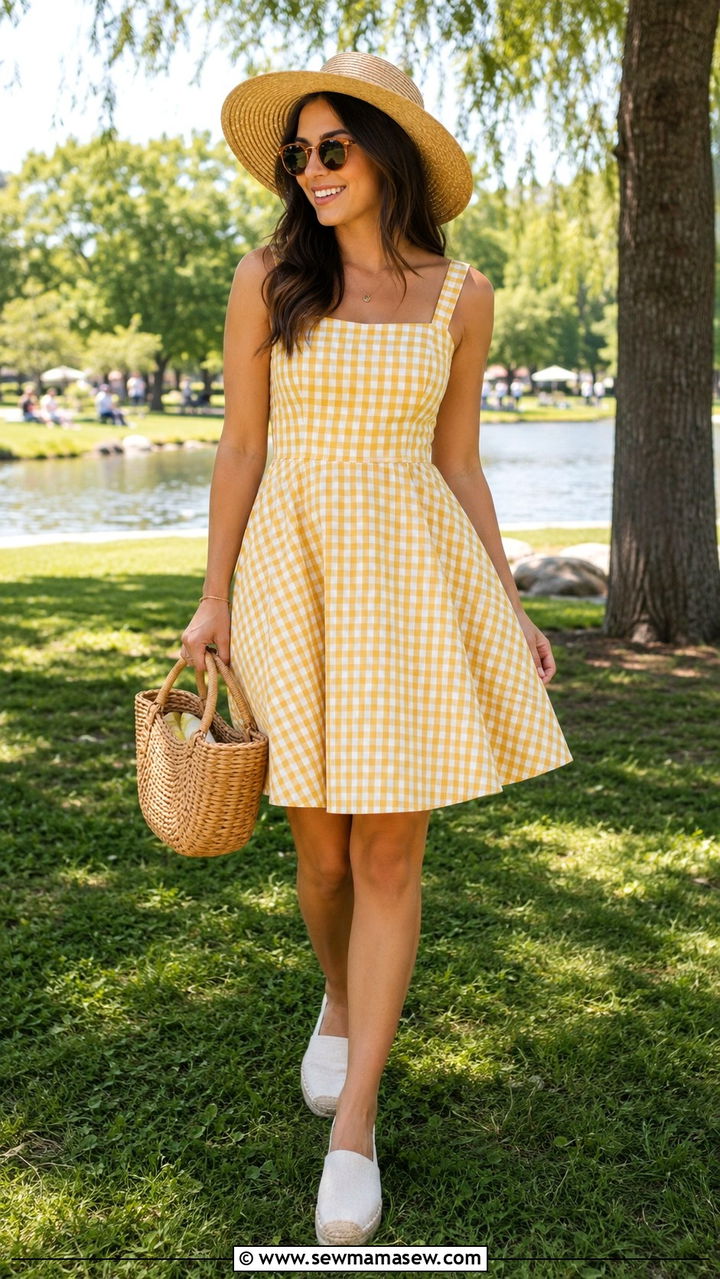 Yellow Gingham Dress with Straw Hat and Espadrilles - 25 Yellow dress outfit ideas summer 2026