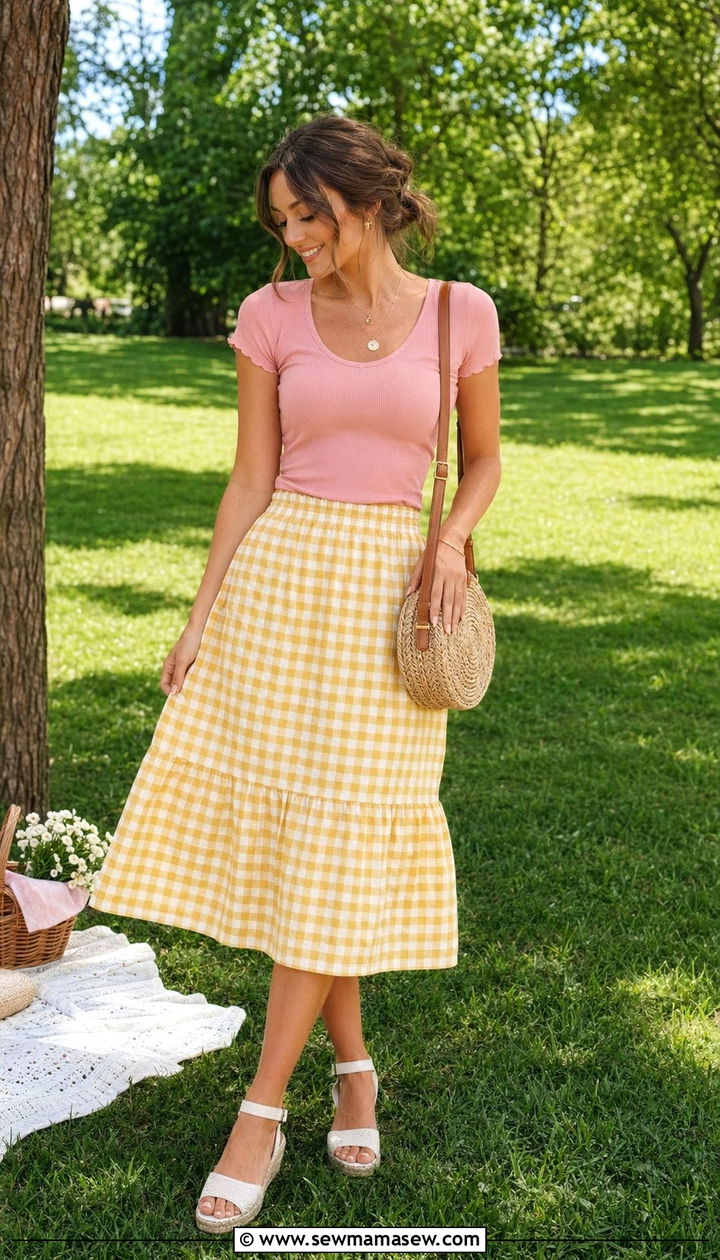 Yellow Gingham Skirt with Pink Top - 30 Yellow and pink outfit ideas