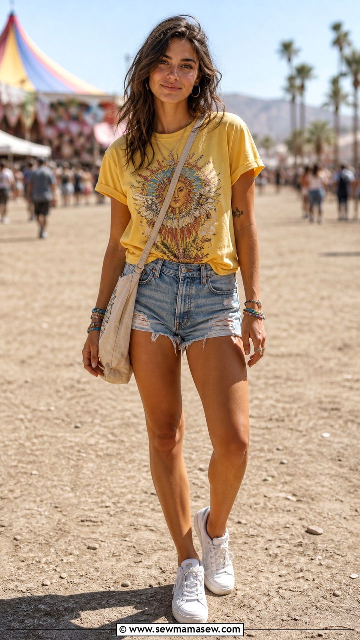Yellow Graphic Tee and Denim Shorts - 40 Yellow outfit ideas