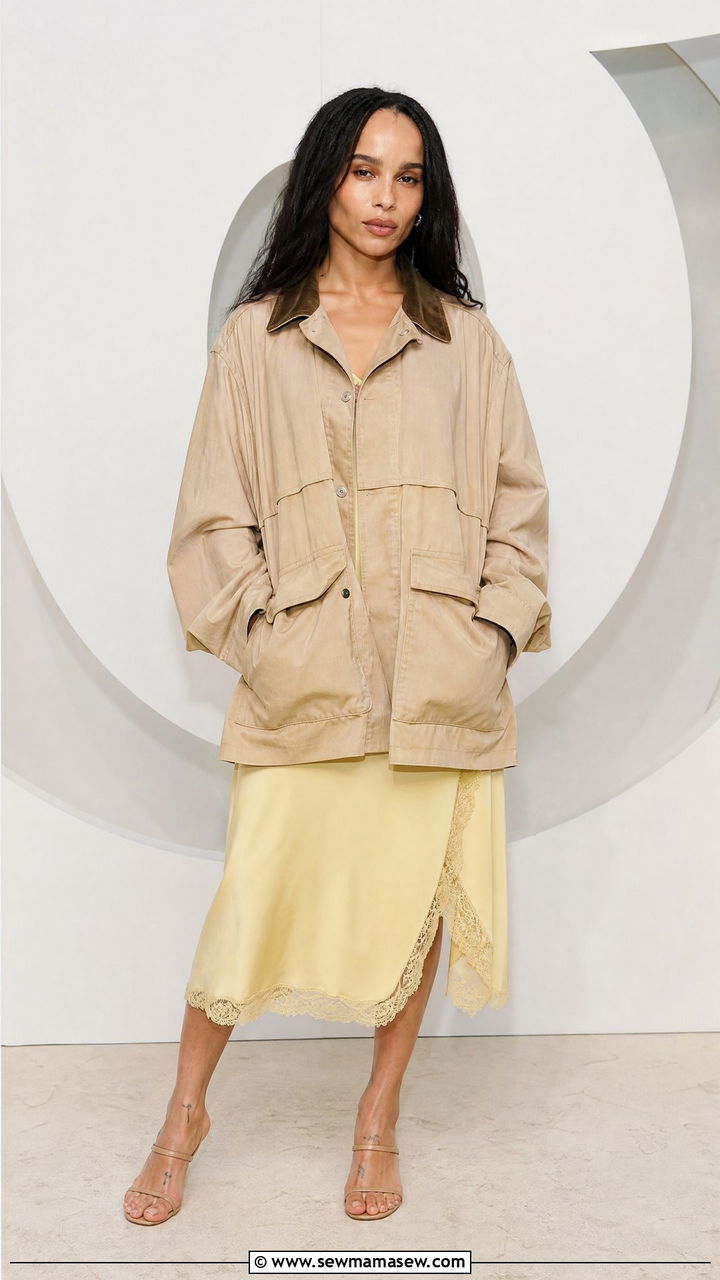 Yellow Lace Hemmed Midi Skirt With Oversized Utility Jacket - 20 Zoe Kravitz spring outfit ideas