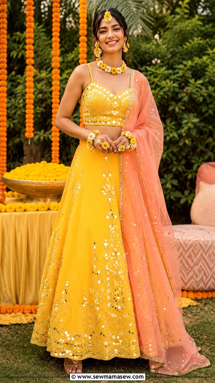 Yellow Lehenga With Mirror Work And Floral Jewelry - 20 Wedding guest outfit ideas Haldi ceremony