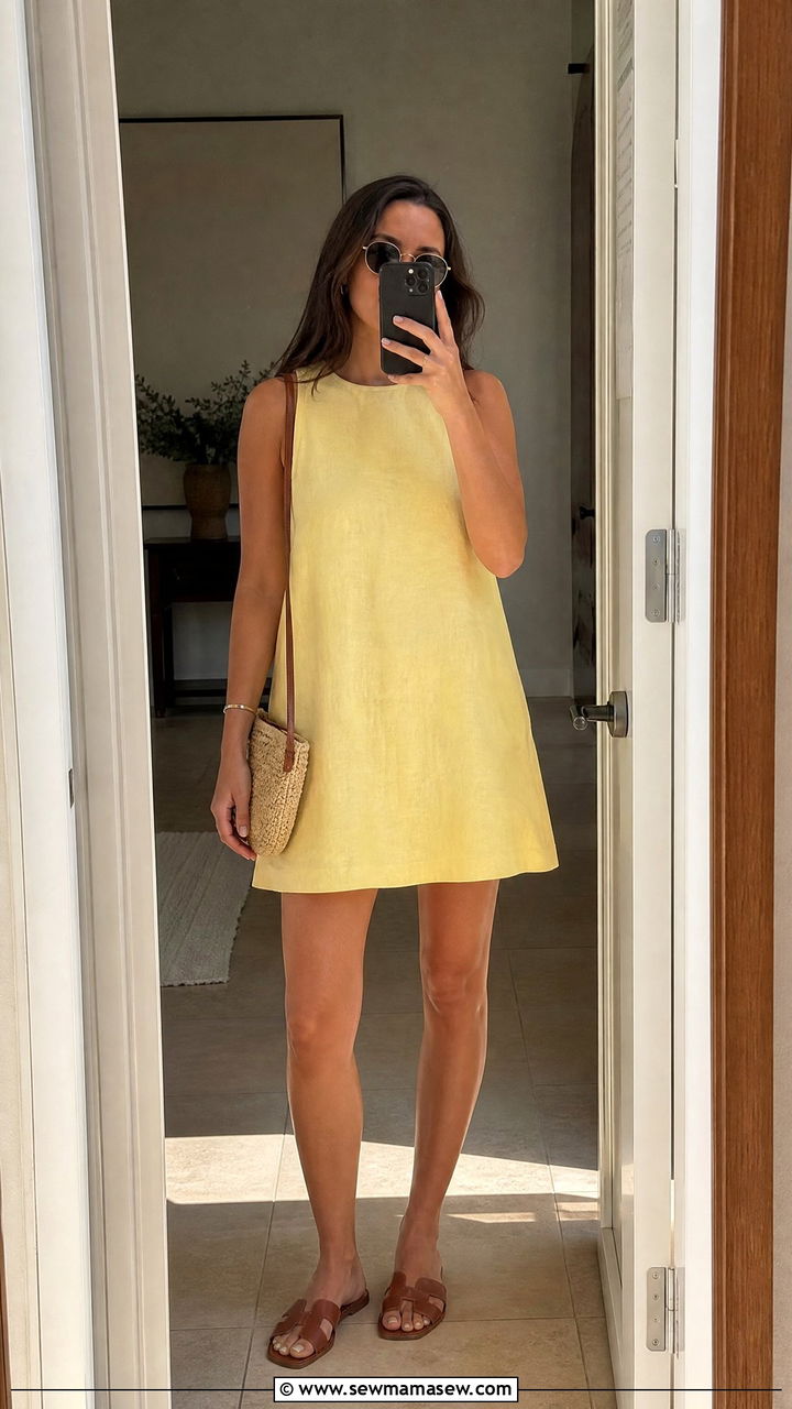 Yellow Linen Mini Dress with Raffia East West Bag - 35 French girl summer outfit ideas