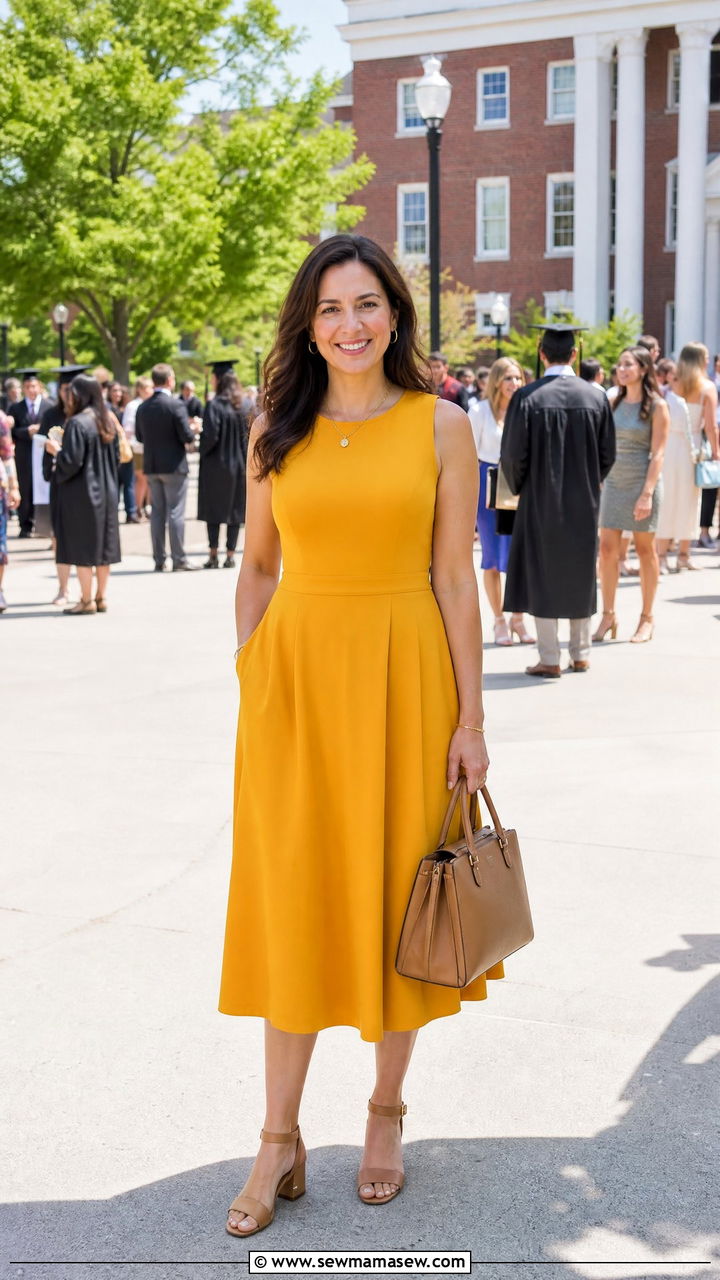 Yellow Midi Dress With Neutral Accessories - 35 Graduation outfits for moms