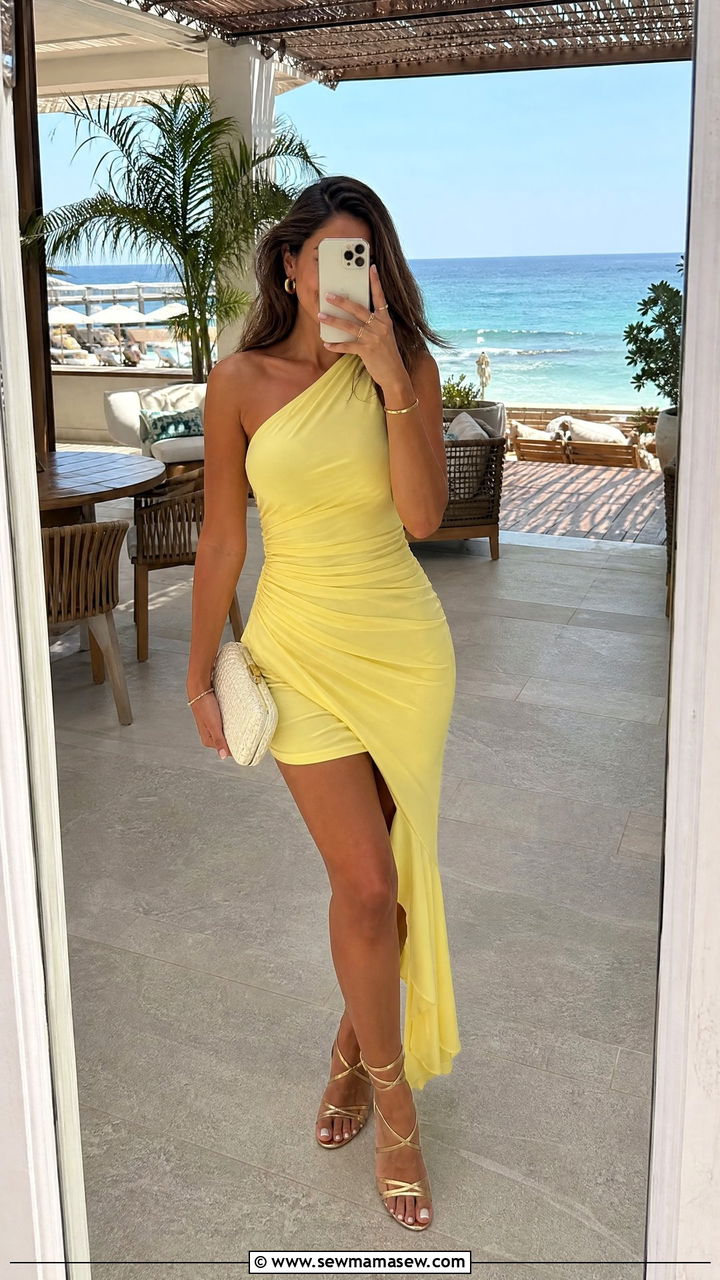 Yellow One Shoulder Dress Mexico Beach Outfit - 35 Mexico vacation outfits