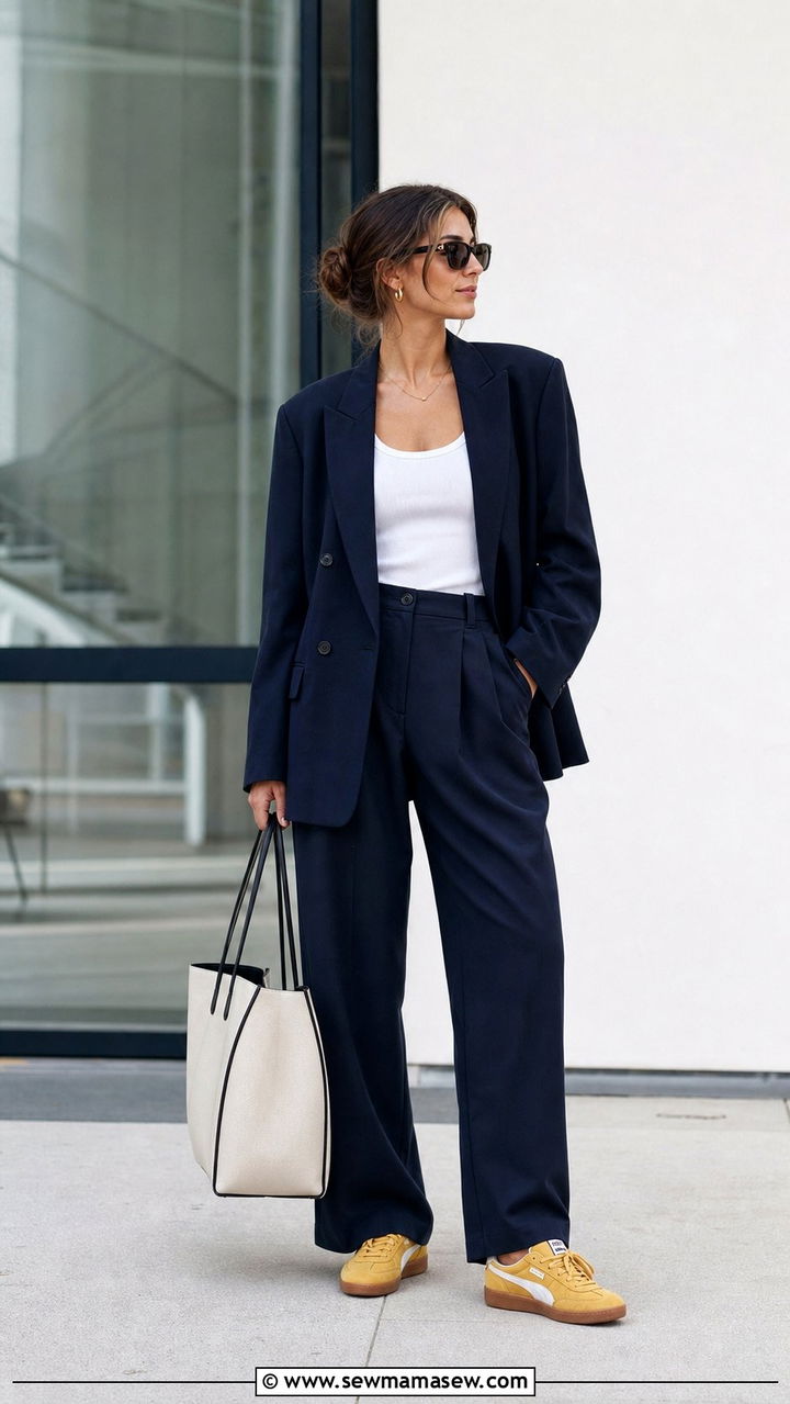 Yellow Palermo with navy blazer and matching trousers - 25 Sporty chic outfit ideas with Puma Palermo