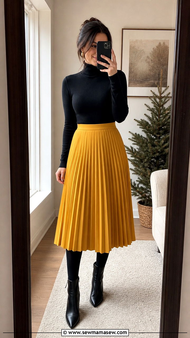 Yellow Pleated Skirt with Black Turtleneck - 40 Yellow outfit ideas