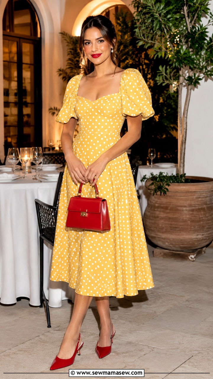 Yellow Polka Dot Midi Dress with Red Accessories - 25 Yellow dress outfit ideas summer 2026