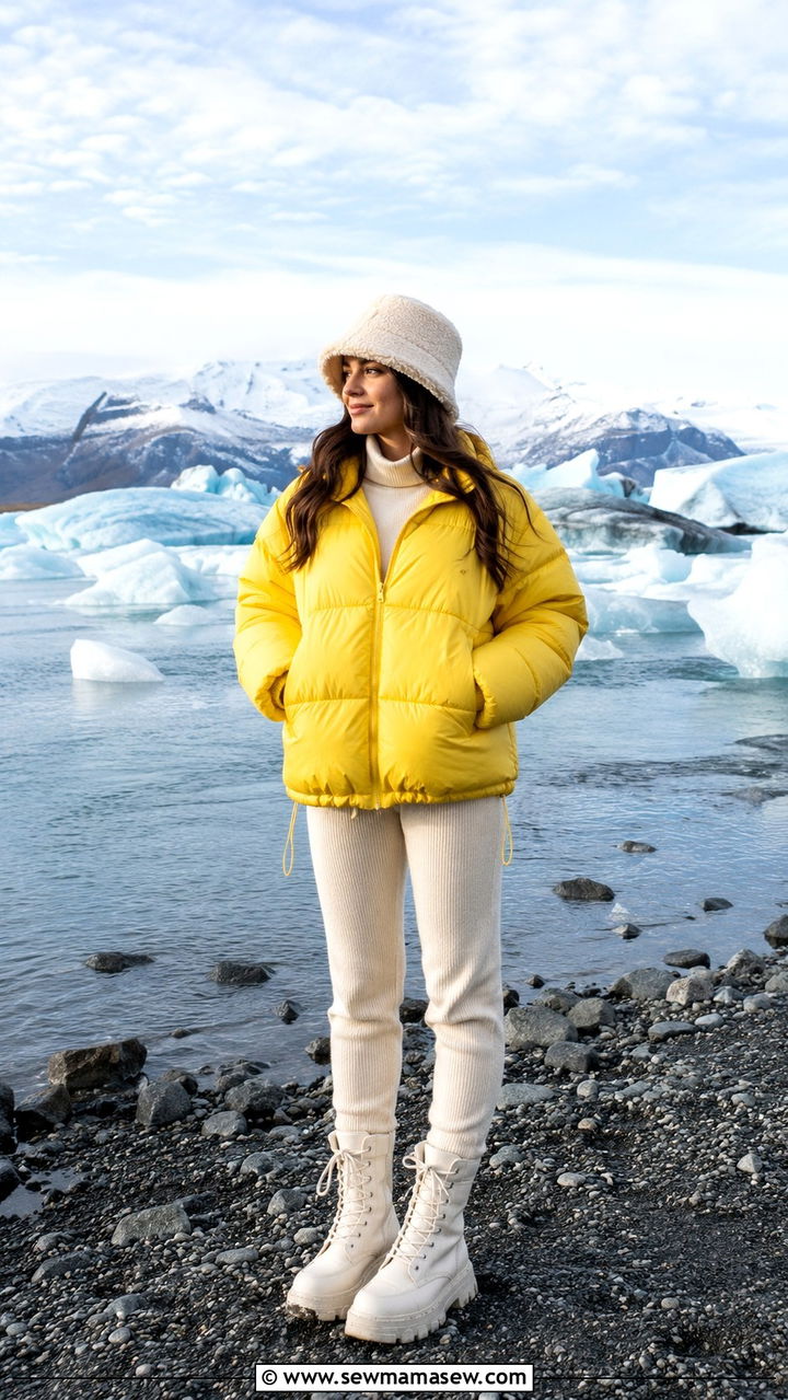 Yellow Puffer Jacket with White Knit Pants and Snow Boots - 30 Iceland outfit ideas