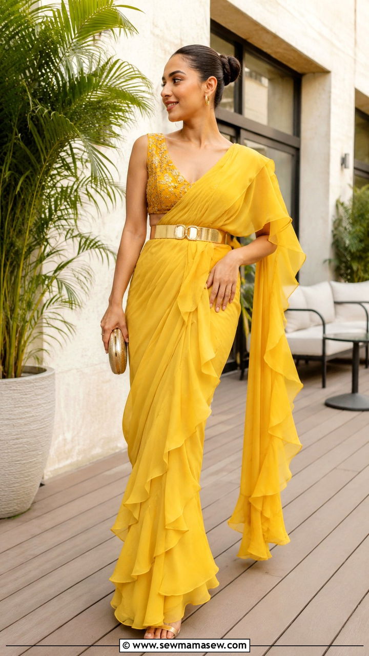 Yellow Ruffle Saree With Embroidered Blouse And Belt - 20 Wedding guest outfit ideas Haldi ceremony