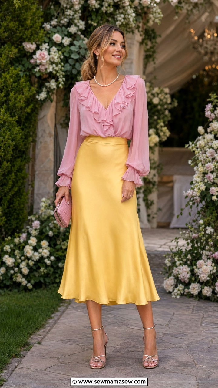 Yellow Skirt and Pink Blouse for Wedding Guest - 30 Yellow and pink outfit ideas