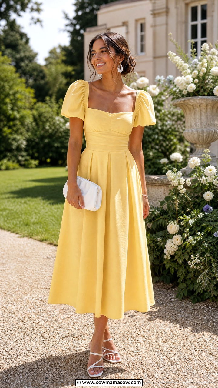 Yellow Sundress With White Accessories - 30 summer wedding guest outfit ideas for women