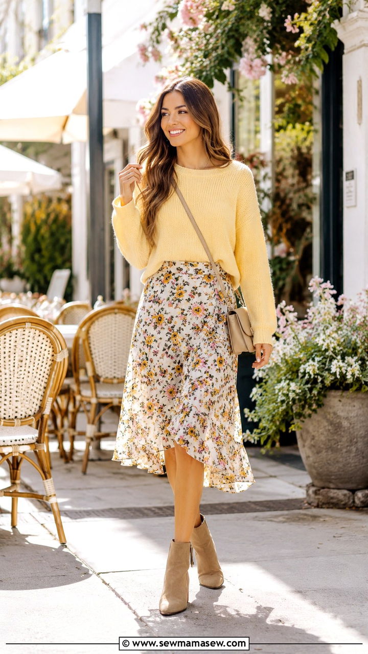 Yellow Sweater With Floral Skirt - 30 spring outfits for women over 30