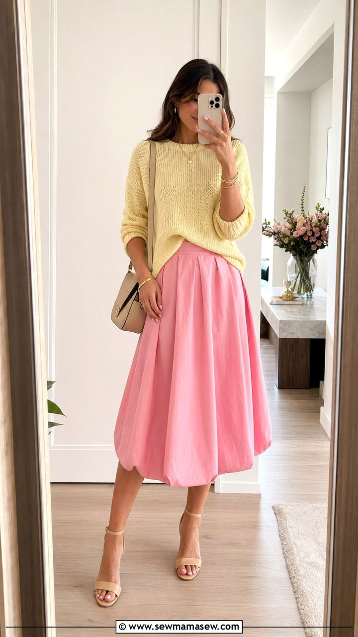 Yellow Sweater and Pink Midi Skirt - 30 Yellow and pink outfit ideas