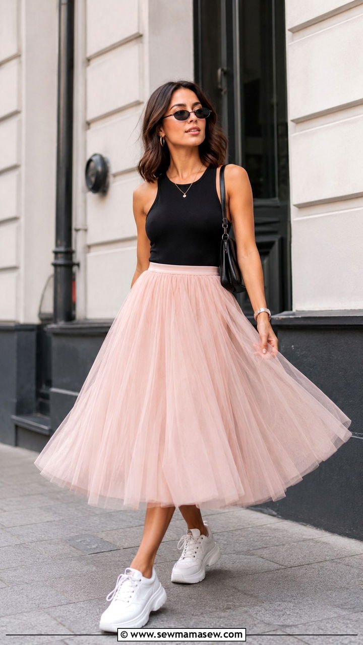 Yellow Tulle Midi Skirt With Cropped Tank And Nude Sandals - 30 Tulle skirt outfit ideas for summer