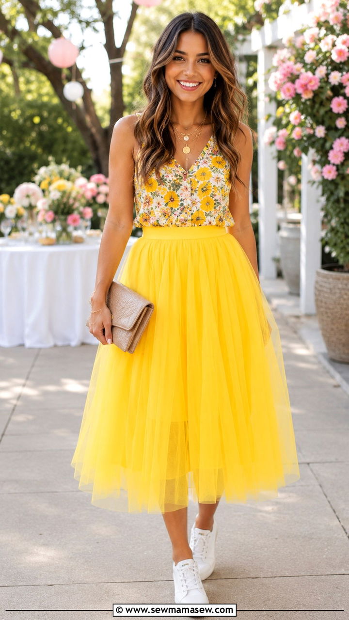 Yellow Tulle Midi Skirt With Floral Top And White Sneakers Spring - 25 Tulle skirt outfit ideas with sneakers