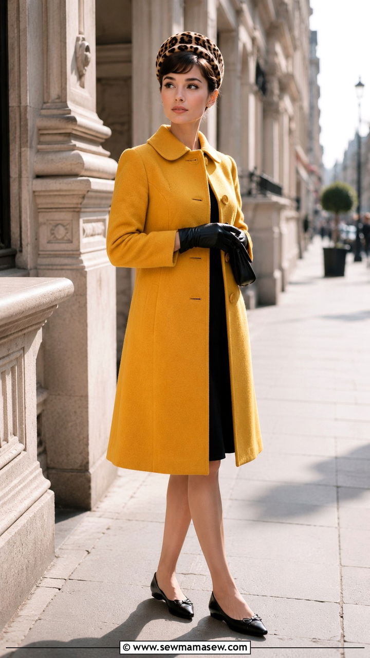 Yellow Wool Coat With Black Accessories and Leopard Print Hat - 25 Audrey Hepburn outfit ideas