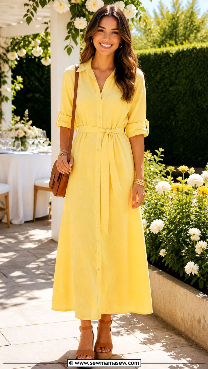 Yellow belted shirt dress with platform sandals - 40 All yellow outfit ideas
