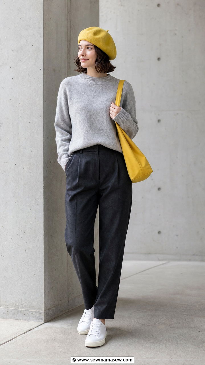 Yellow beret with an all gray ensemble - 35 Beret outfit ideas
