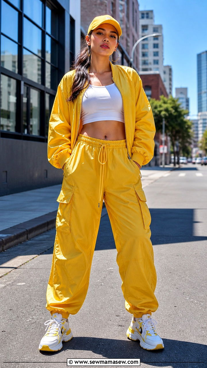 Yellow bomber jacket with cargo pants and chunky sneakers - 40 All yellow outfit ideas