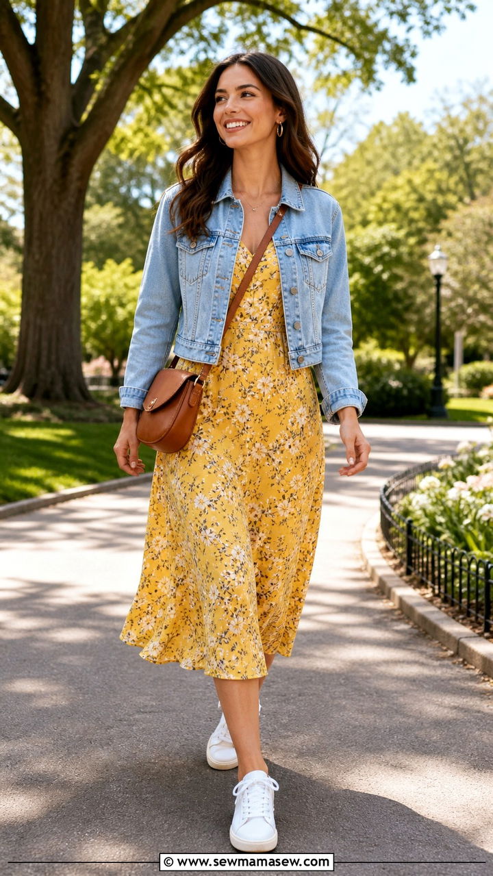 Yellow midi dress with denim jacket and white sneakers - 40 All yellow outfit ideas