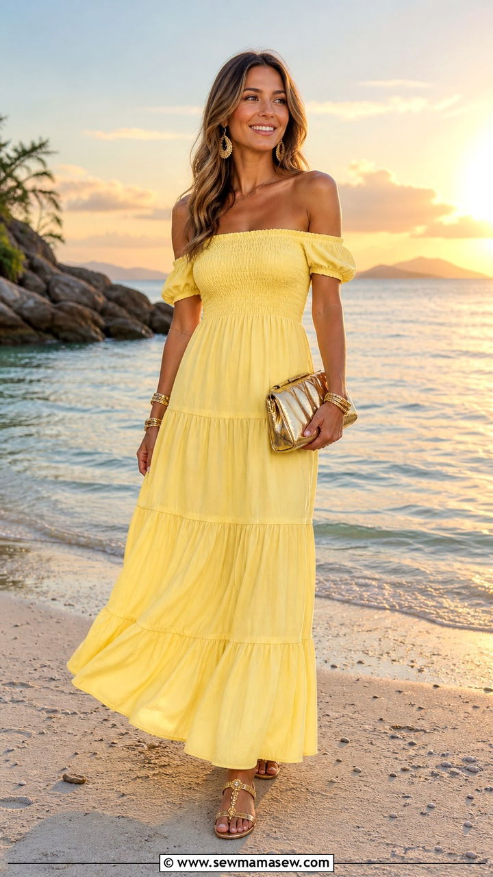 Yellow off shoulder maxi dress with gold sandals - 40 All yellow outfit ideas