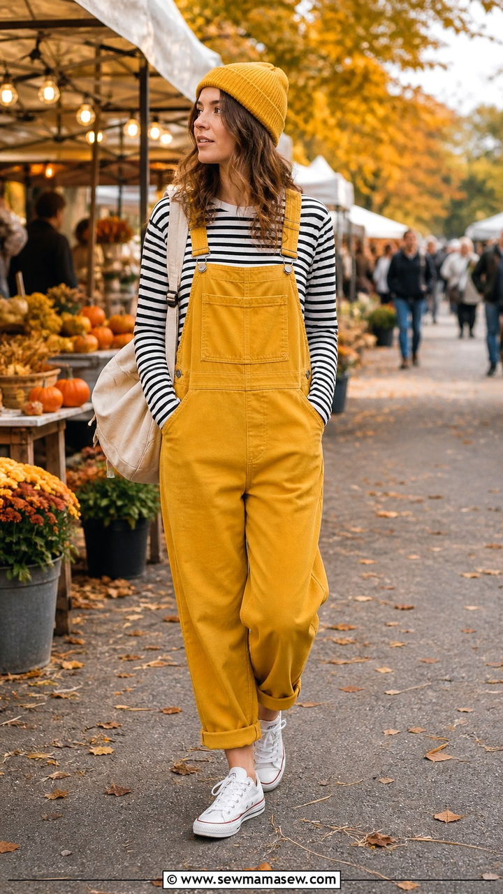 Yellow overalls with striped tee and canvas sneakers - 40 All yellow outfit ideas