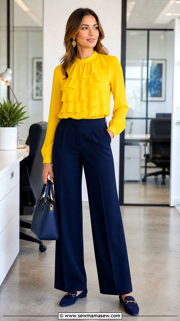 Yellow ruffle blouse with navy trousers and loafers - 40 All yellow outfit ideas