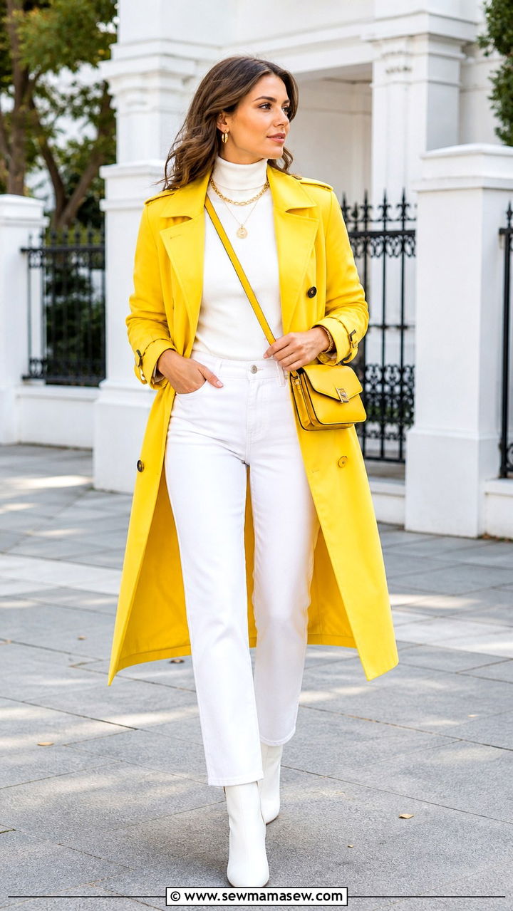 Yellow trench coat over an all white base - 40 All yellow outfit ideas