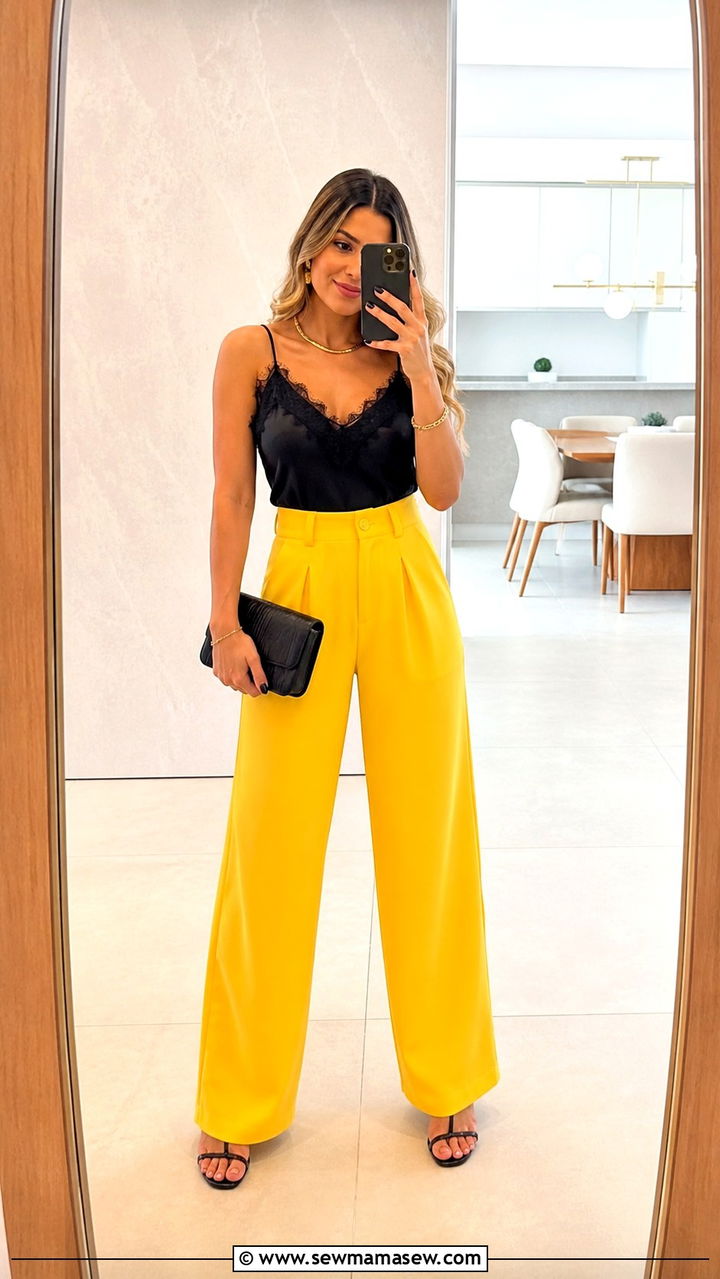 Yellow wide leg pants with black lace camisole - 40 All yellow outfit ideas