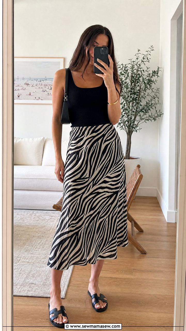 Zebra Print Midi Skirt with Black Tank Top - 35 French girl summer outfit ideas
