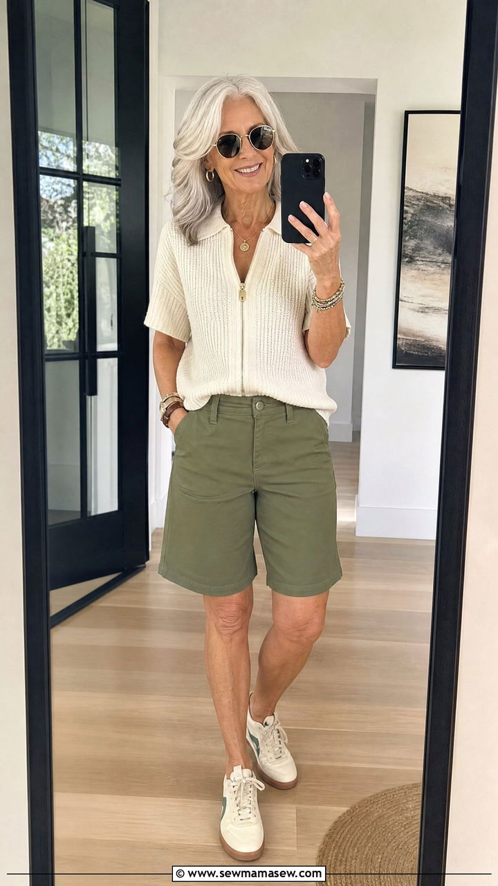 Zip Front Knit Polo and Bermuda Shorts with Retro Sneakers - 30 Concert outfits for women over 60