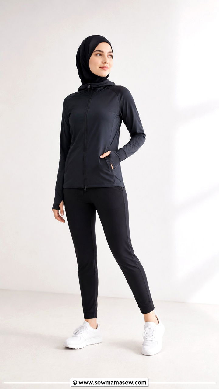 Zip Up Athletic Jacket With Fitted Training Pants - 25 Modest yoga outfit ideas with hijab