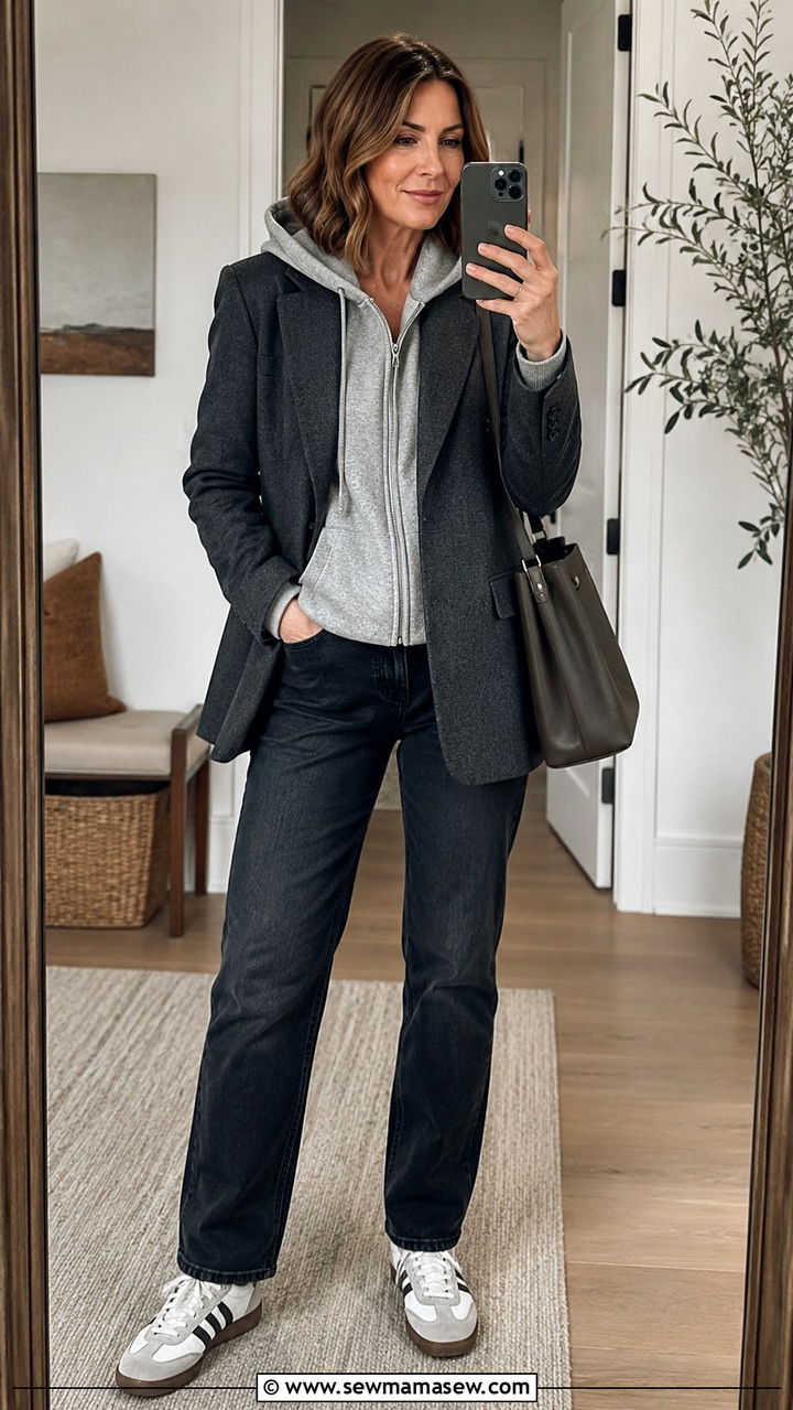 Zip Up Hoodie Layered under a Wool Blazer with Dark Denim - 30 Outfit ideas for women over 40 sporty chic