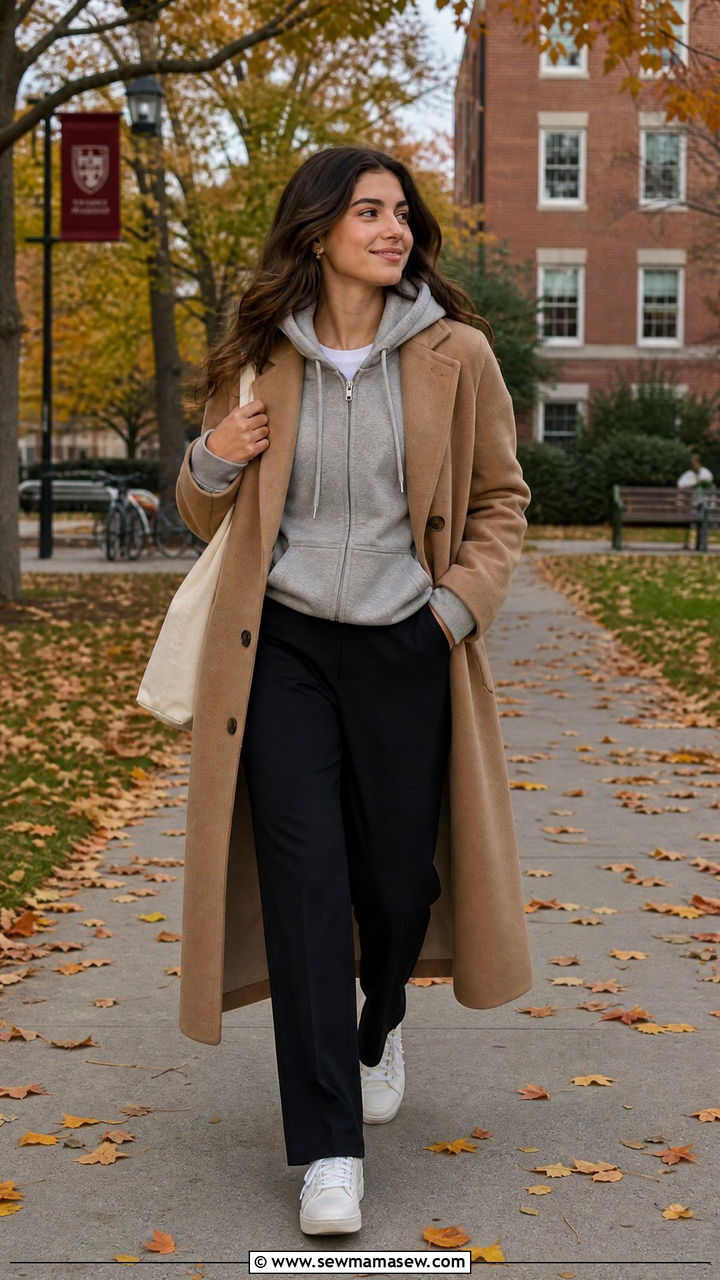 Zip Up Hoodie Under a Long Wool Coat with Trousers - 30 First day of college outfit ideas 2026