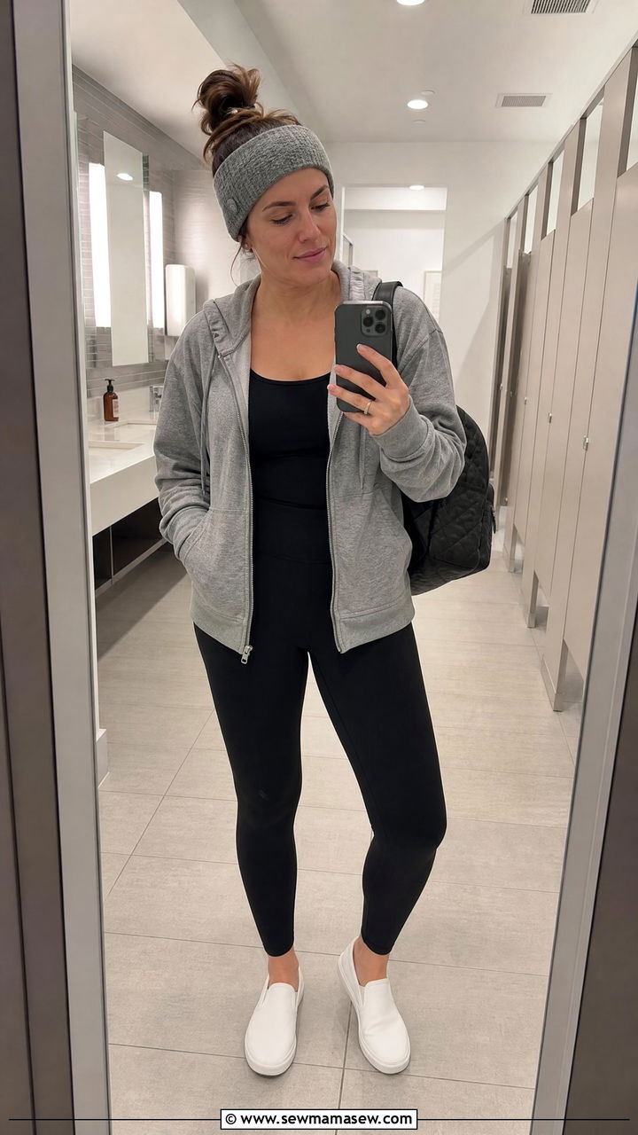 Zip Up Hoodie and Leggings with Slip On Sneakers - 25 Loungewear outfit ideas for travel