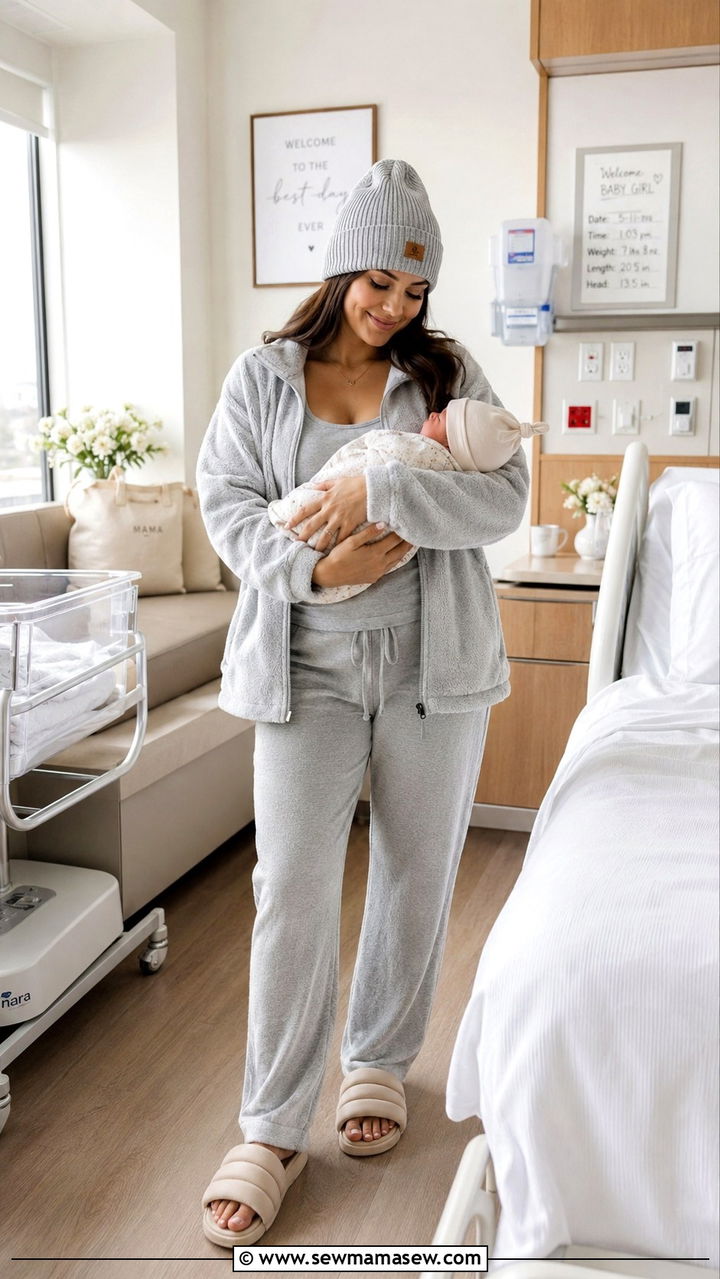 Zip Up Hoodie and Relaxed Lounge Pants - 20 Maternity outfit ideas come home outfit
