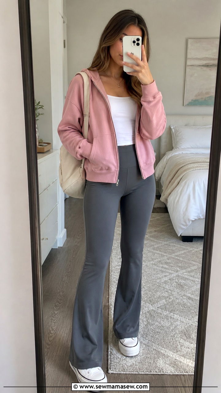 Zip Up Hoodie with Flared Leggings and Platform Sneakers - 40 back to school outfits ideas