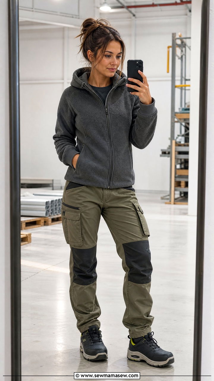 Zip Up Hoodie with Ripstop Cargo Pants and Athletic Safety Shoes - 30 Construction site outfit ideas for women