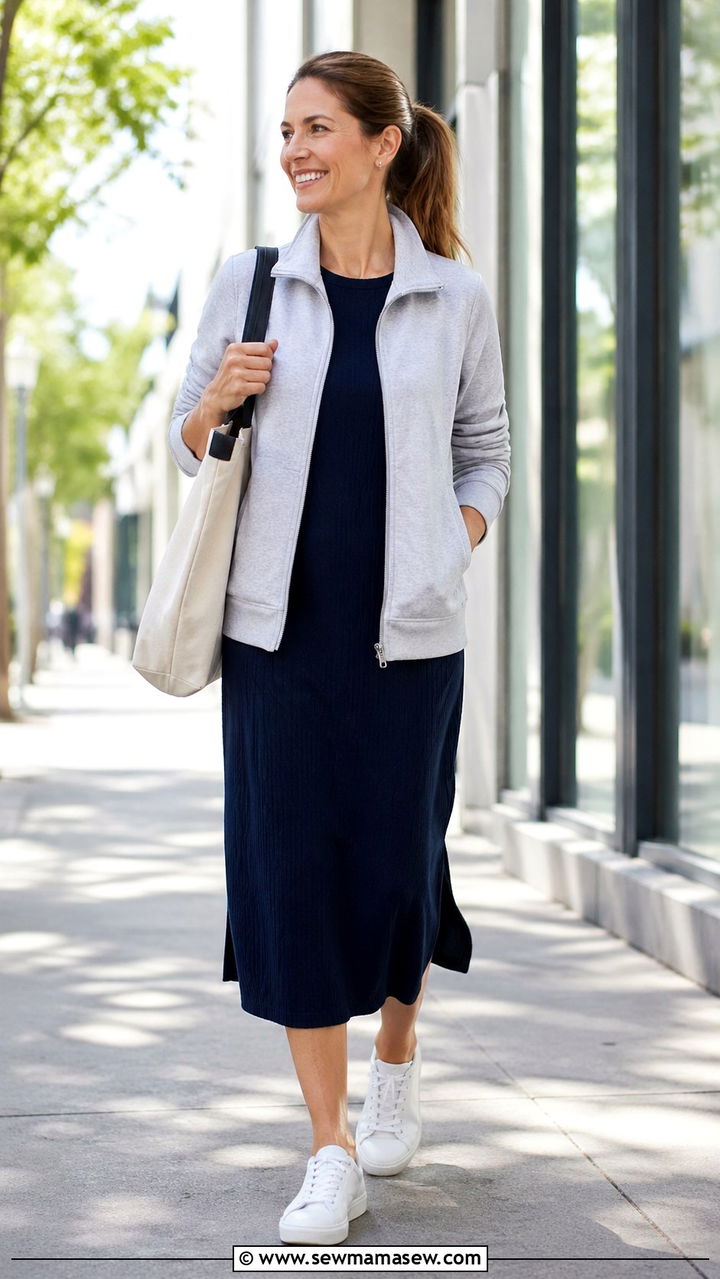 Zip Up Jacket With Midi Dress And White Sneakers - 30 Sporty chic outfit ideas for women over 40